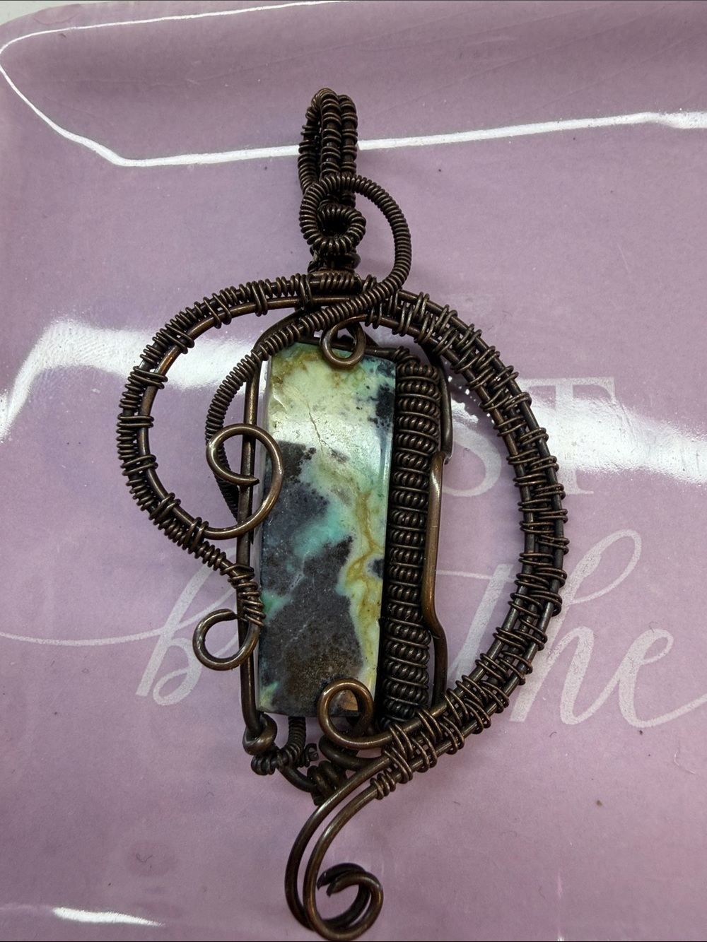 Artisan Wire-Wrapped Pendant Necklace with Green and Brown Stone